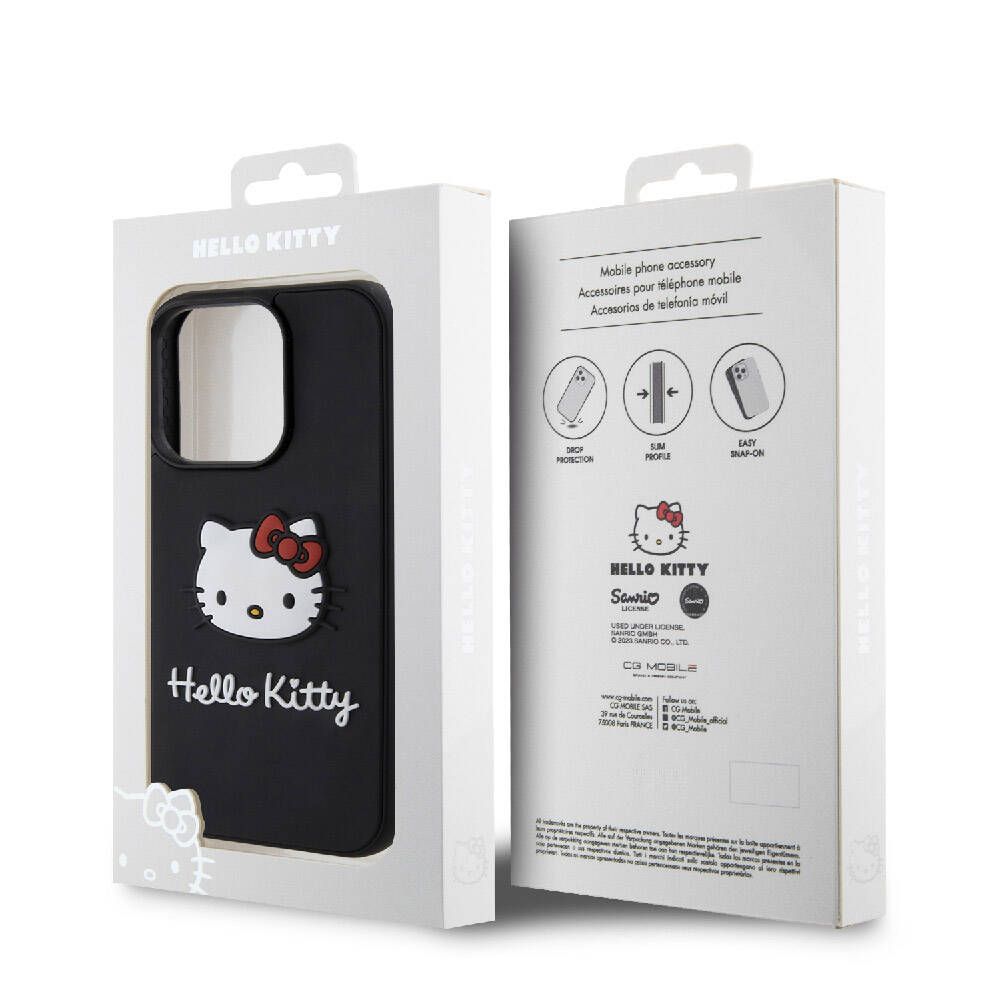 iPhone 15 Pro Kılıf Hello Kitty Orjinal Lisanslı Yazı ve İkonik Logolu 3D Rubber Kitty Head Kılıf Siyah