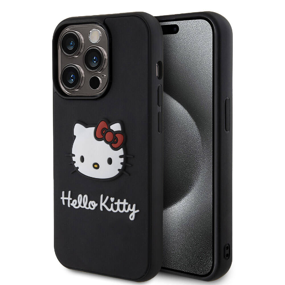 iPhone 15 Pro Kılıf Hello Kitty Orjinal Lisanslı Yazı ve İkonik Logolu 3D Rubber Kitty Head Kılıf Siyah