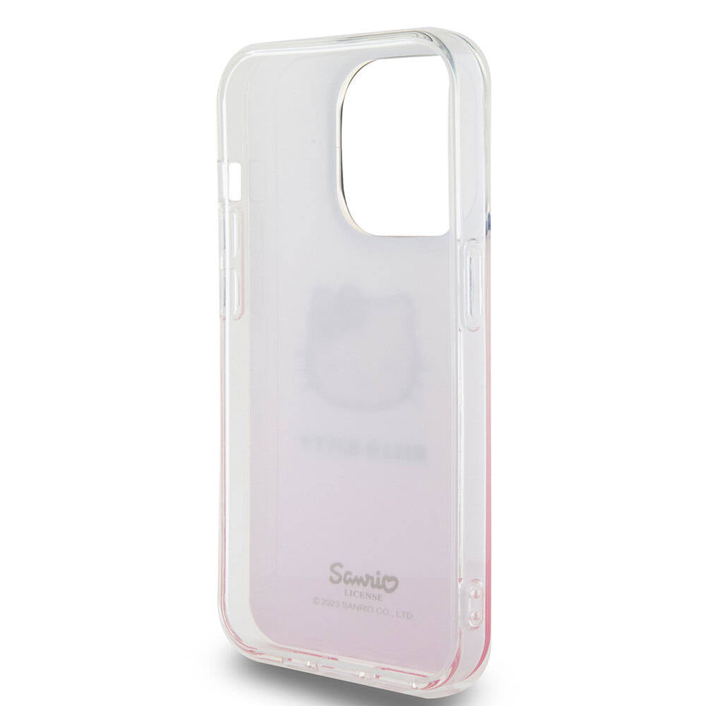 iPhone 15 Pro Kılıf Hello Kitty Orjinal Lisanslı Yazı ve İkonik Logolu Elektroplating Kaplama Gradyan Kılıf Pembe