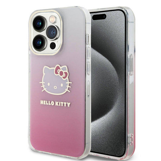 iPhone 15 Pro Kılıf Hello Kitty Orjinal Lisanslı Yazı ve İkonik Logolu Elektroplating Kaplama Gradyan Kılıf Pembe
