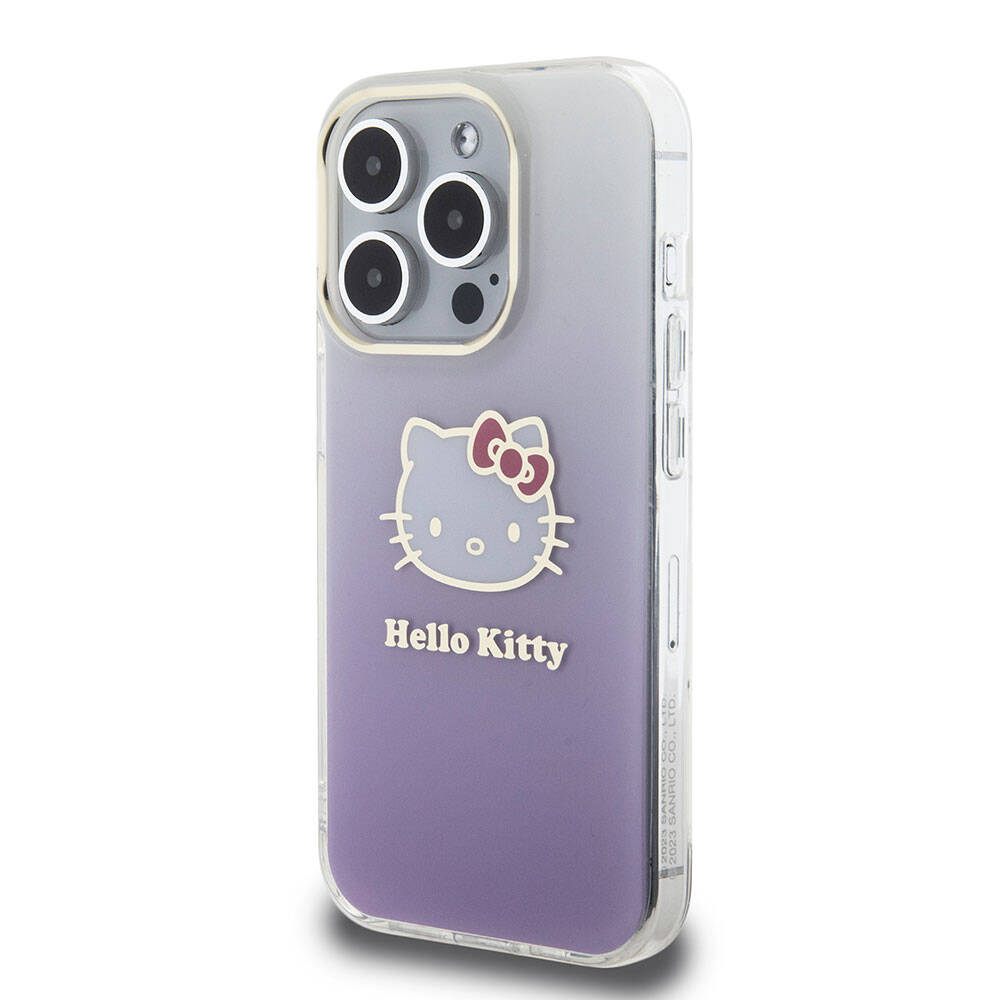 iPhone 15 Pro Kılıf Hello Kitty Orjinal Lisanslı Yazı ve İkonik Logolu Elektroplating Kaplama Gradyan Kılıf Pembe