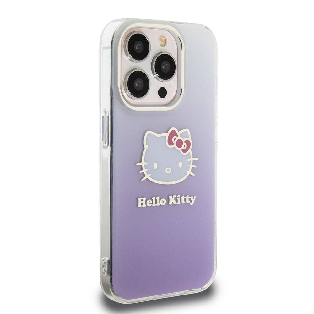 iPhone 15 Pro Kılıf Hello Kitty Orjinal Lisanslı Yazı ve İkonik Logolu Elektroplating Kaplama Gradyan Kılıf Pembe