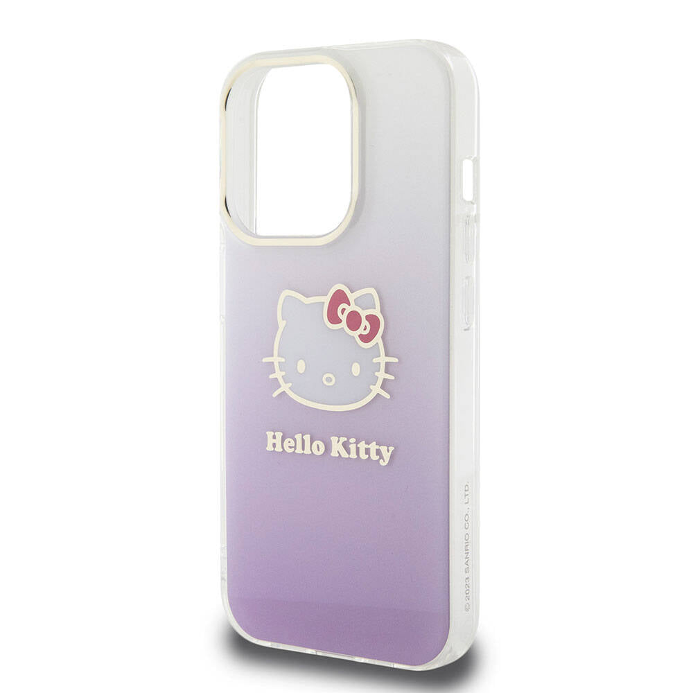 iPhone 15 Pro Kılıf Hello Kitty Orjinal Lisanslı Yazı ve İkonik Logolu Elektroplating Kaplama Gradyan Kılıf Mor