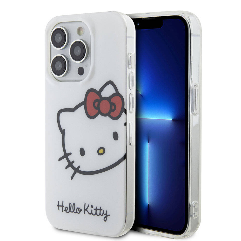 iPhone 15 Pro Kılıf Hello Kitty Orjinal Lisanslı Yazı ve İkonik Logolu Kitty Head Kılıf Beyaz