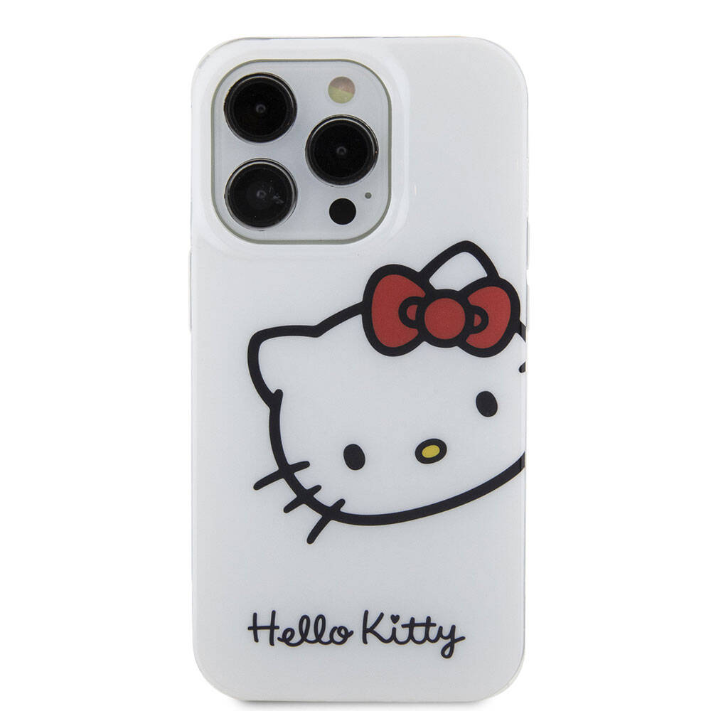 iPhone 15 Pro Kılıf Hello Kitty Orjinal Lisanslı Yazı ve İkonik Logolu Kitty Head Kılıf Beyaz
