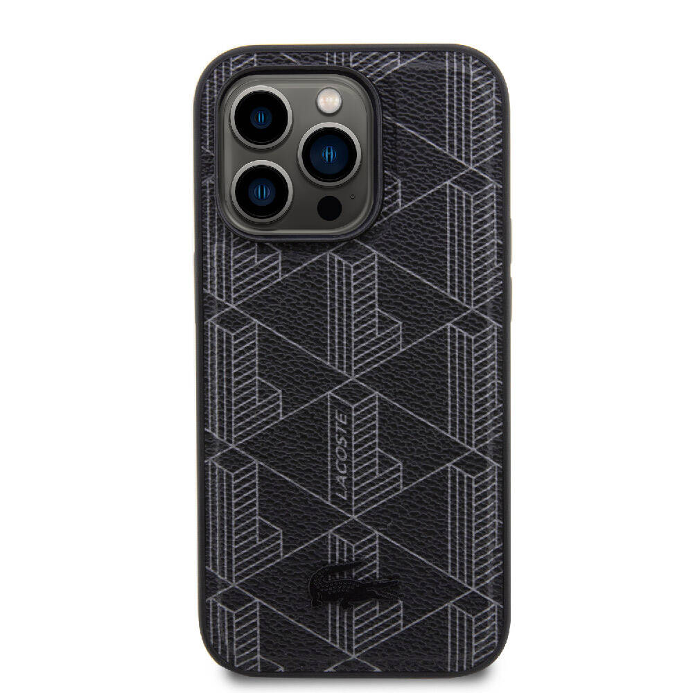 iPhone 15 Pro Kılıf Lacoste Orjinal Lisanslı Magsafe Şarj Özellikli PU Deri Görünümlü Karışık Monogram Desenli Kılıf Siyah