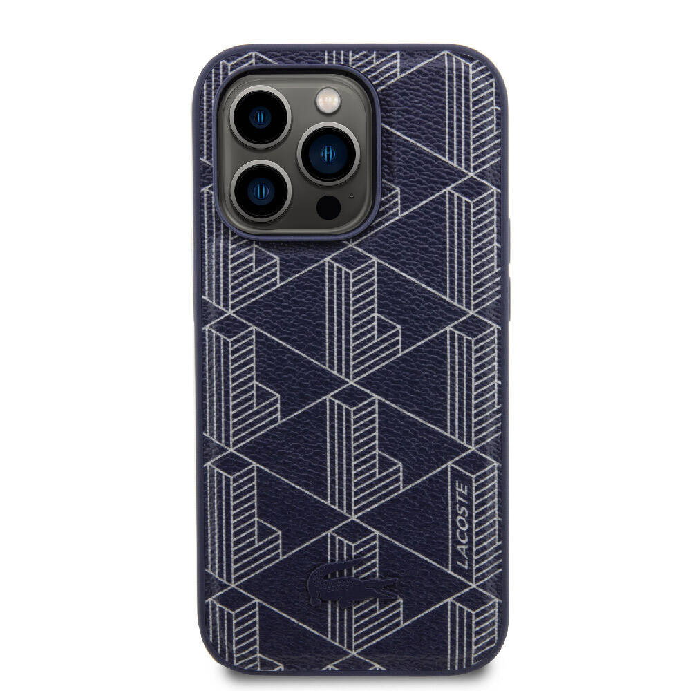 iPhone 15 Pro Kılıf Lacoste Orjinal Lisanslı Magsafe Şarj Özellikli PU Deri Görünümlü Karışık Monogram Desenli Kılıf Lacivert