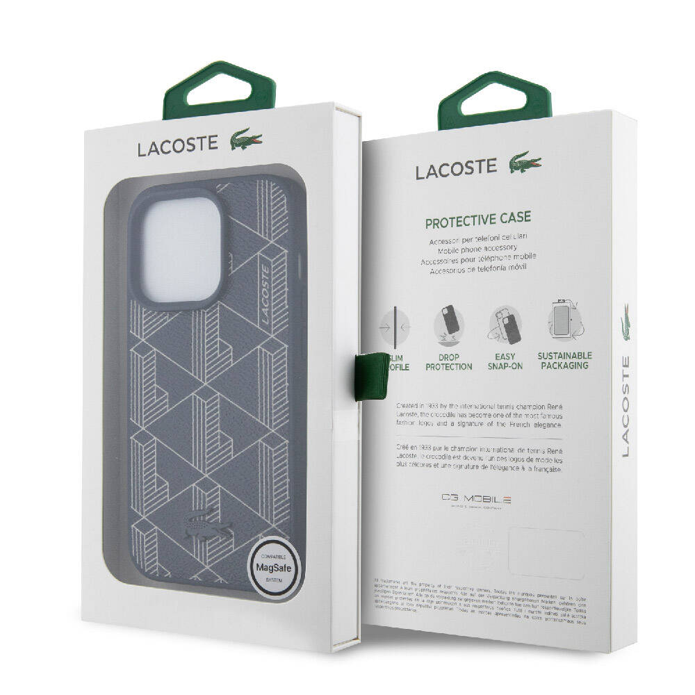 iPhone 15 Pro Kılıf Lacoste Orjinal Lisanslı Magsafe Şarj Özellikli PU Deri Görünümlü Karışık Monogram Desenli Kılıf Lacivert