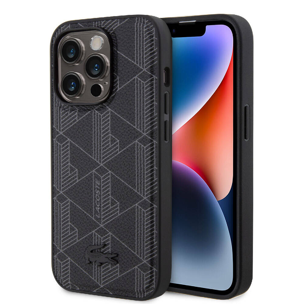 iPhone 15 Pro Kılıf Lacoste Orjinal Lisanslı Magsafe Şarj Özellikli PU Deri Görünümlü Karışık Monogram Desenli Kılıf Siyah