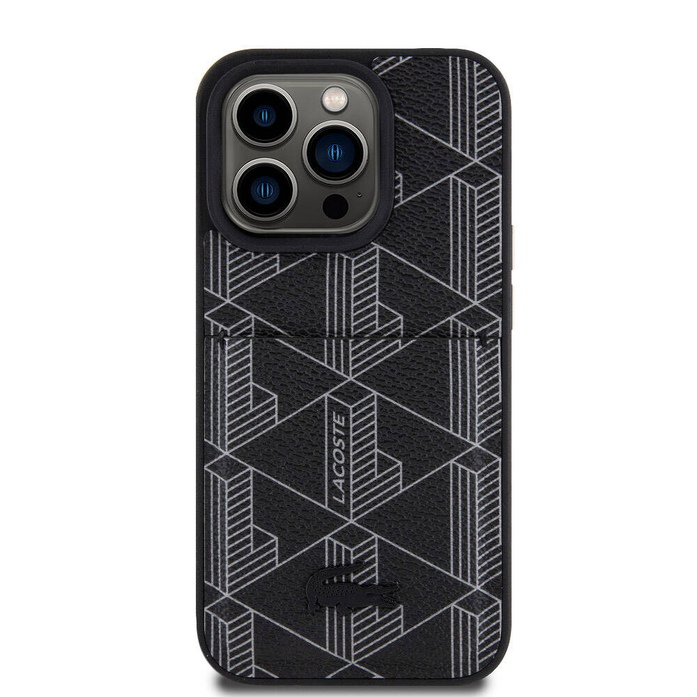 iPhone 15 Pro Kılıf Lacoste Orjinal Lisanslı Magsafe Şarj Özellikli PU Deri Görünümlü Kartlıklı Karışık Monogram Desenli Kılıf Lacivert