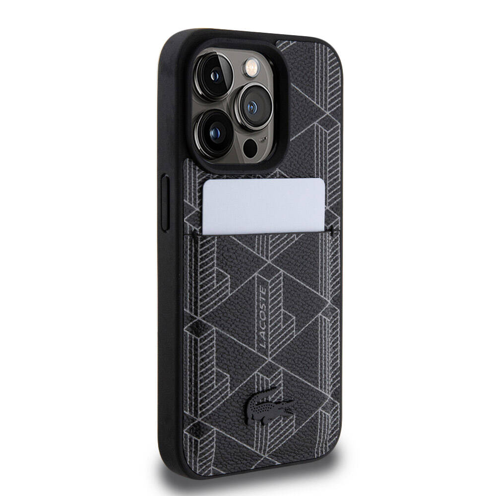 iPhone 15 Pro Kılıf Lacoste Orjinal Lisanslı Magsafe Şarj Özellikli PU Deri Görünümlü Kartlıklı Karışık Monogram Desenli Kılıf Beyaz