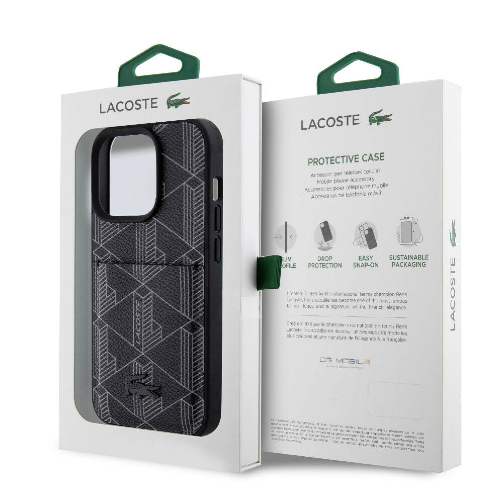 iPhone 15 Pro Kılıf Lacoste Orjinal Lisanslı Magsafe Şarj Özellikli PU Deri Görünümlü Kartlıklı Karışık Monogram Desenli Kılıf Lacivert