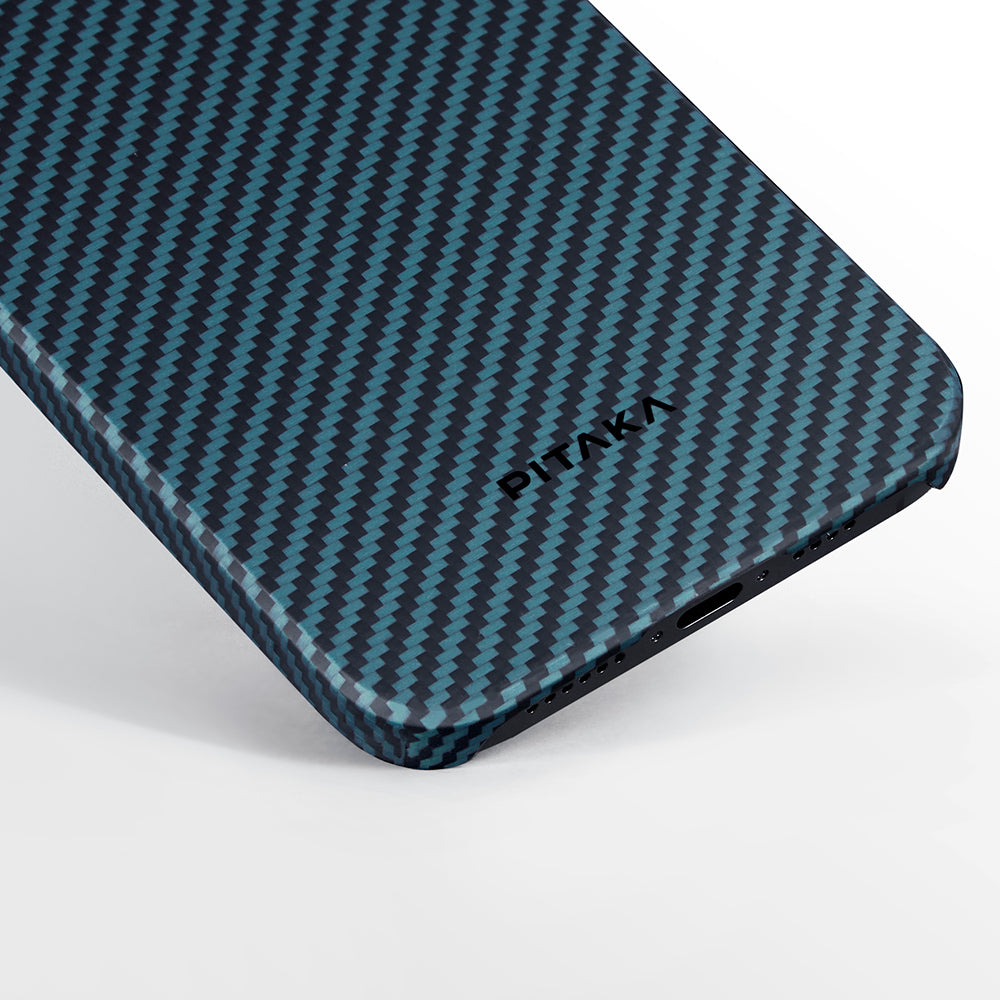 iPhone 15 Pro Kılıf Magsafe Şarj Özellikli 1500D Aramid Fiber Pitaka Ultra-Slim Classic Serisi Black-Blue Twill Kılıf Siyah-Mavi