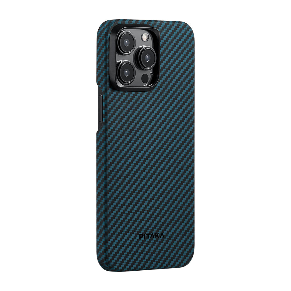 iPhone 15 Pro Kılıf Magsafe Şarj Özellikli 1500D Aramid Fiber Pitaka Ultra-Slim Classic Serisi Black-Blue Twill Kılıf Siyah-Mavi