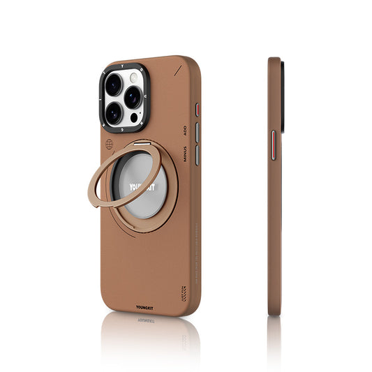 iPhone 15 Pro Kılıf Magsafe Şarj Özellikli 360° Standlı Basit Mat Deri Desenli Youngkit Tech Leather Serisi Kılıf Gri