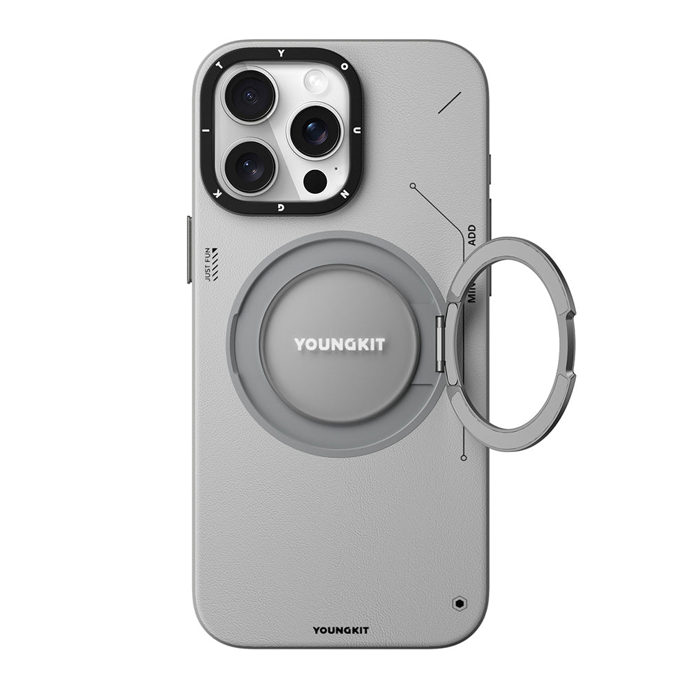 iPhone 15 Pro Kılıf Magsafe Şarj Özellikli 360° Standlı Basit Mat Deri Desenli Youngkit Tech Leather Serisi Kılıf Kahverengi