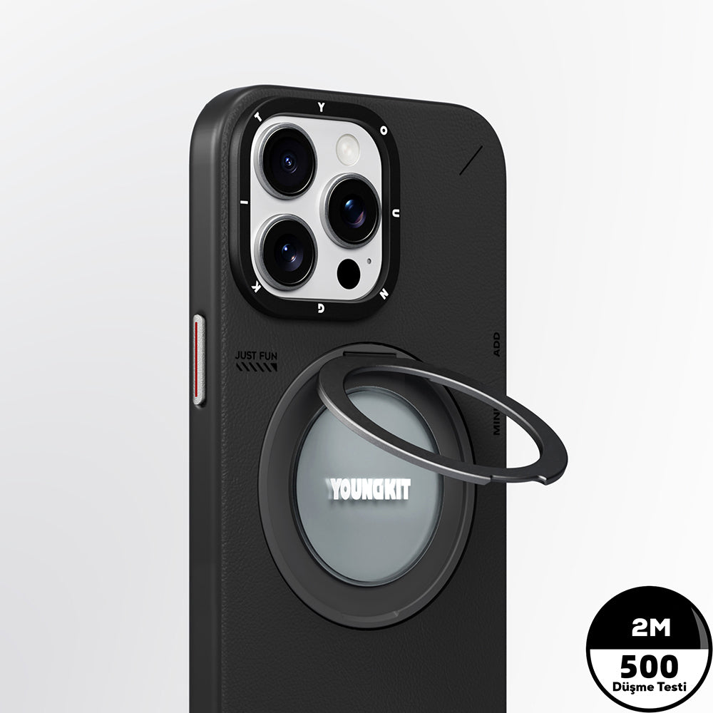 iPhone 15 Pro Kılıf Magsafe Şarj Özellikli 360° Standlı Basit Mat Deri Desenli Youngkit Tech Leather Serisi Kılıf Gri