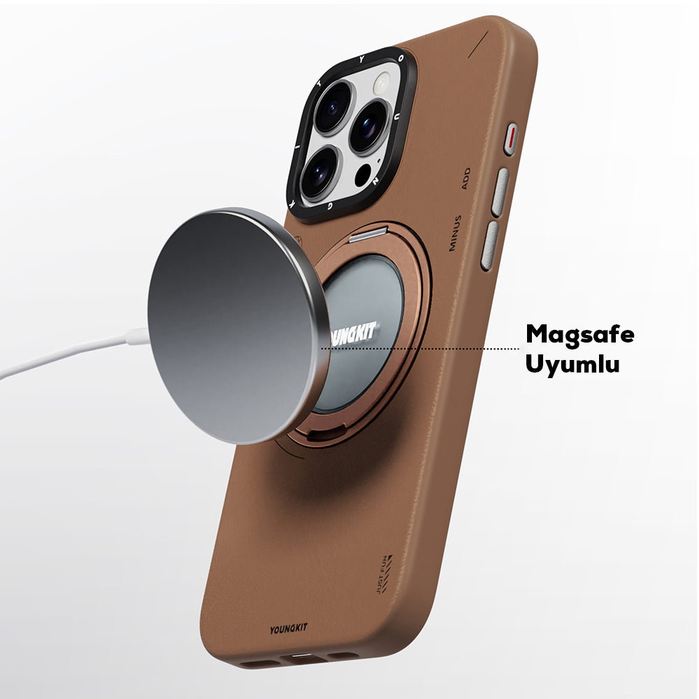 iPhone 15 Pro Kılıf Magsafe Şarj Özellikli 360° Standlı Basit Mat Deri Desenli Youngkit Tech Leather Serisi Kılıf Siyah