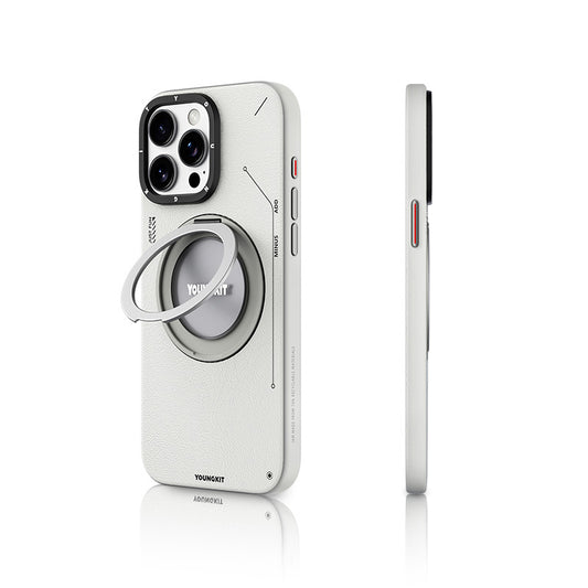 iPhone 15 Pro Kılıf Magsafe Şarj Özellikli 360° Standlı Basit Mat Deri Desenli Youngkit Tech Leather Serisi Kılıf Gri