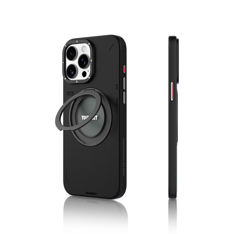 iPhone 15 Pro Kılıf Magsafe Şarj Özellikli 360° Standlı Basit Mat Deri Desenli Youngkit Tech Leather Serisi Kılıf Siyah