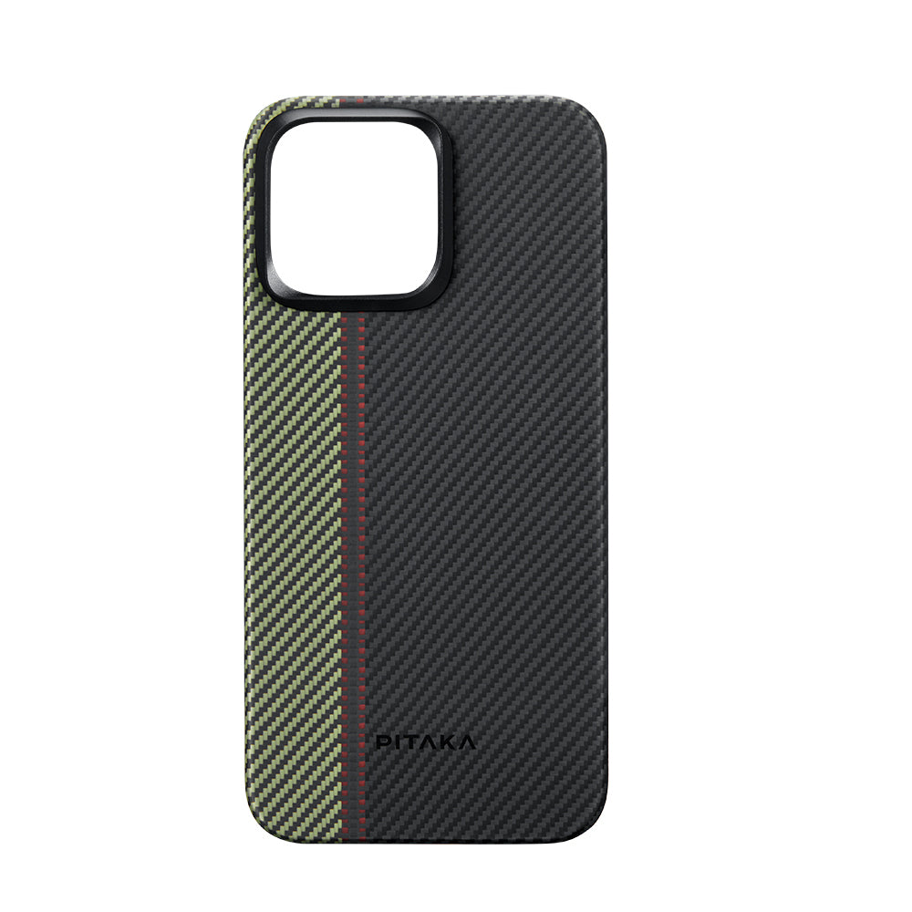 iPhone 15 Pro Kılıf Magsafe Şarj Özellikli 600D Aramid Fiber Pitaka Tactile Woven Orchestra Serisi Overture Kılıf Siyah-Yeşil