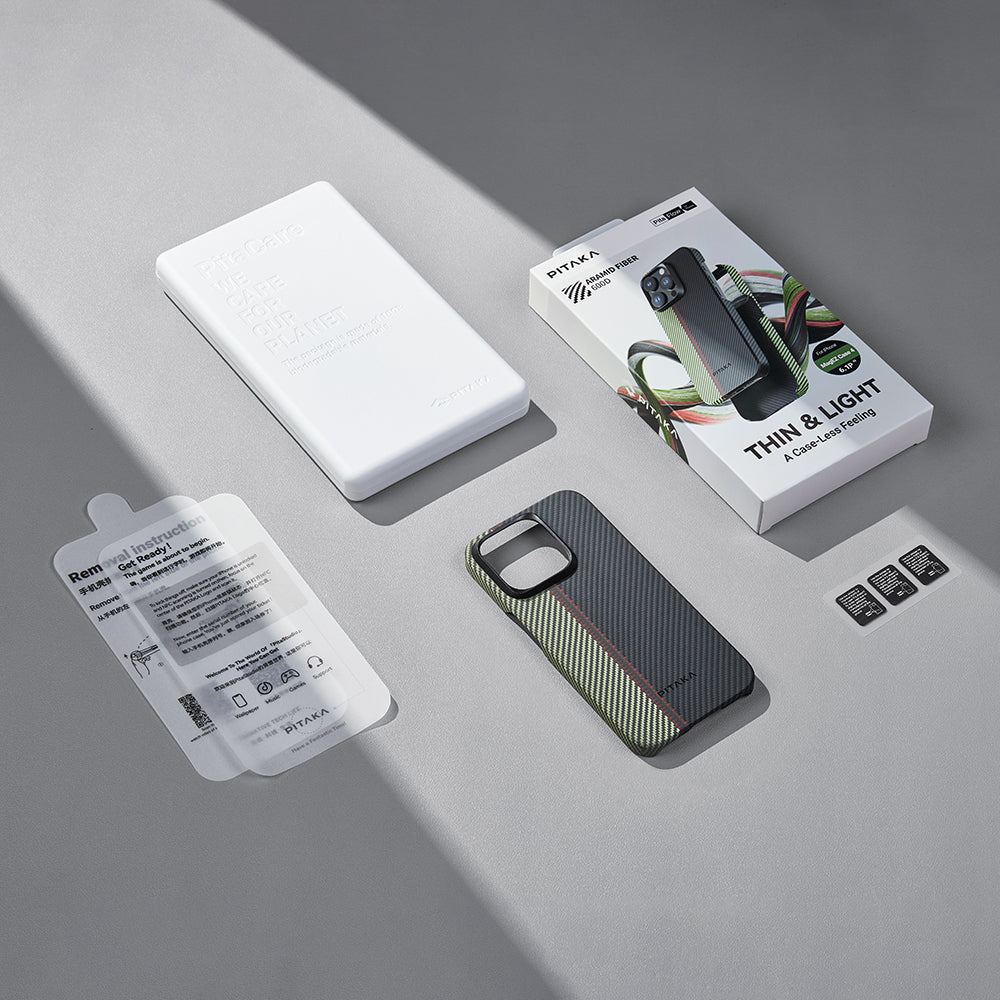 iPhone 15 Pro Kılıf Magsafe Şarj Özellikli 600D Aramid Fiber Pitaka Tactile Woven Orchestra Serisi Overture Kılıf Siyah-Yeşil