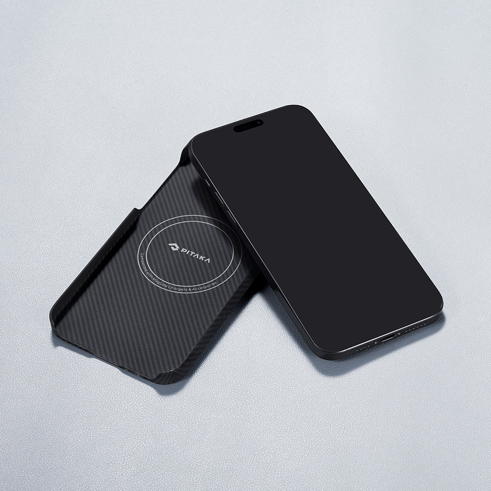 iPhone 15 Pro Kılıf Magsafe Şarj Özellikli 600D Aramid Fiber Pitaka Tactile Woven Orchestra Serisi Rhapsody Kılıf Siyah