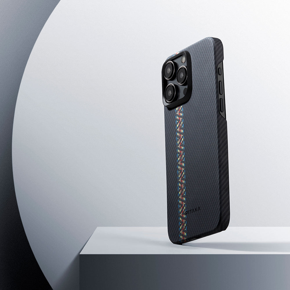 iPhone 15 Pro Kılıf Magsafe Şarj Özellikli 600D Aramid Fiber Pitaka Tactile Woven Orchestra Serisi Rhapsody Kılıf Siyah