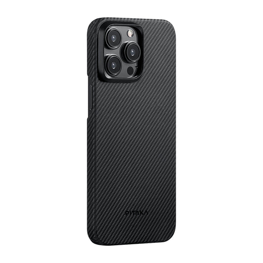 Apple iPhone 15 Pro Kılıf M-safe Şarj Özellikli 600D Aramid Fiber Pitaka Ultra-Slim Classic Serisi Black-Grey Twill Kapak