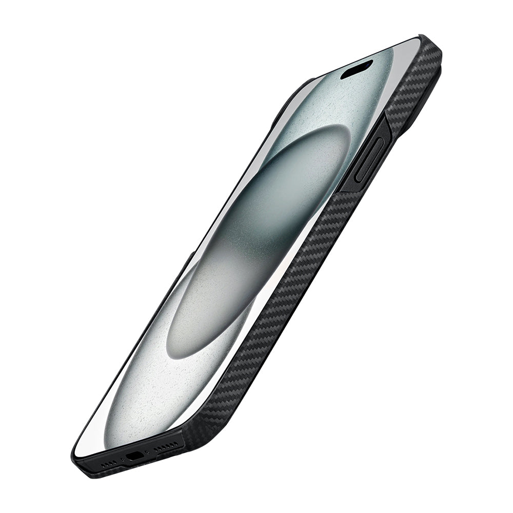 iPhone 15 Pro Kılıf Magsafe Şarj Özellikli 600D Aramid Fiber Pitaka Ultra-Slim Classic Serisi Black-Grey Twill Kılıf Siyah-Gri