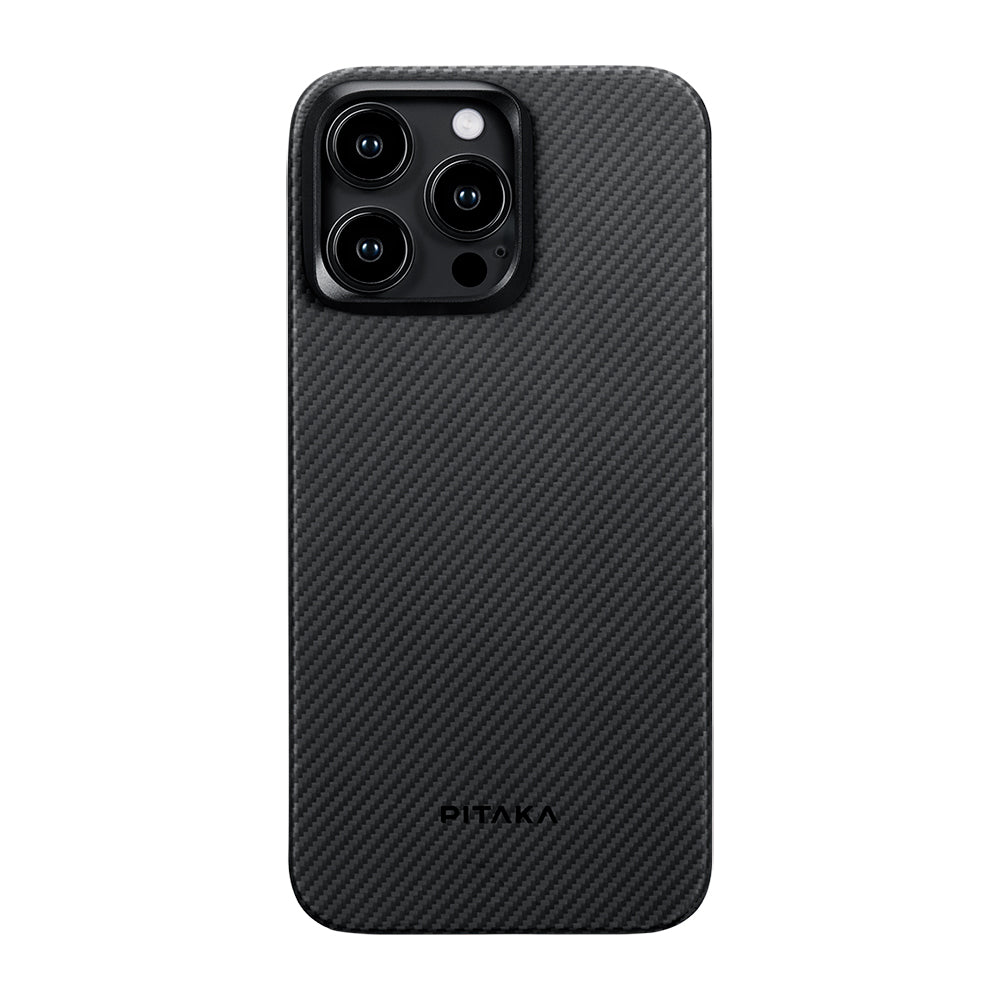 iPhone 15 Pro Kılıf Magsafe Şarj Özellikli 600D Aramid Fiber Pitaka Ultra-Slim Classic Serisi Black-Grey Twill Kılıf Siyah-Gri