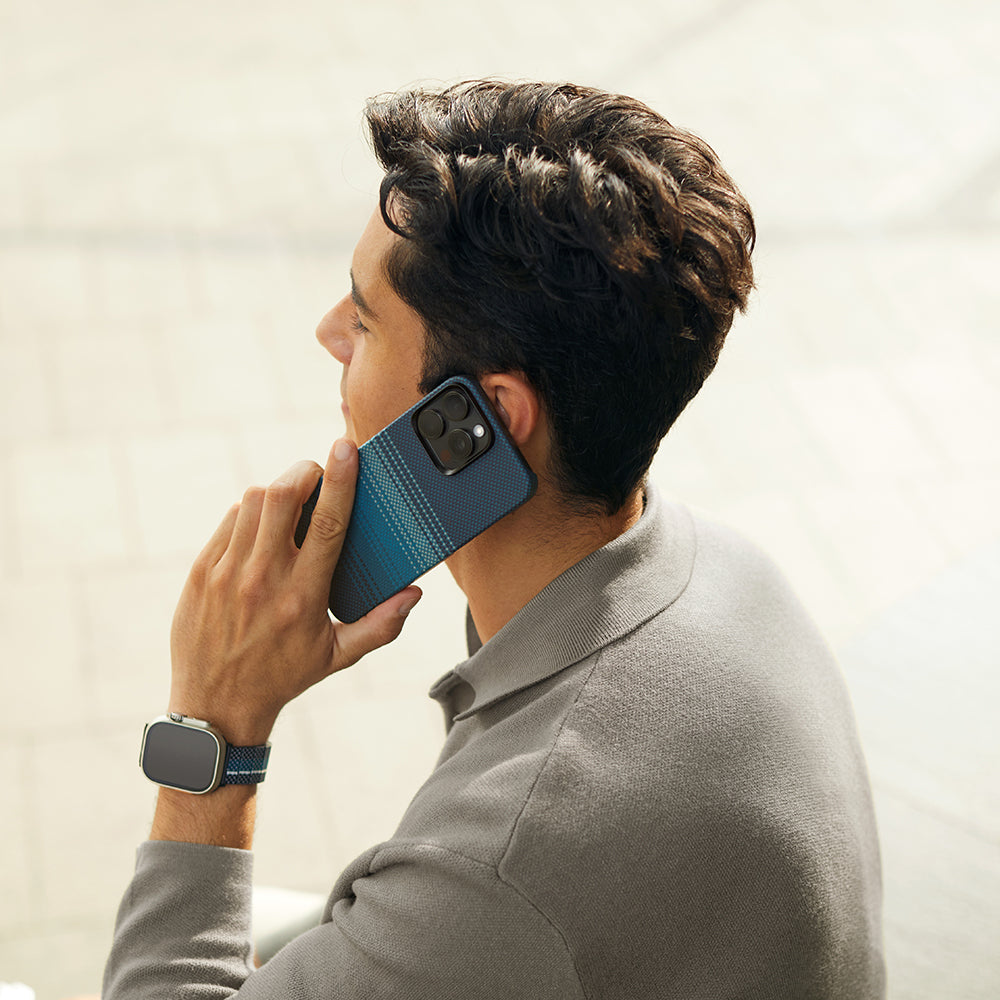 iPhone 15 Pro Kılıf Magsafe Şarj Özellikli Aramid Fiber Pitaka Tactile Woven Sunset-Moonrise Serisi Moonrise Kılıf Mavi