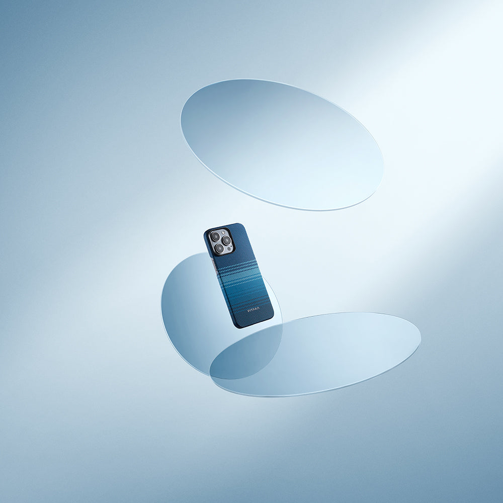 iPhone 15 Pro Kılıf Magsafe Şarj Özellikli Aramid Fiber Pitaka Tactile Woven Sunset-Moonrise Serisi Moonrise Kılıf Mavi