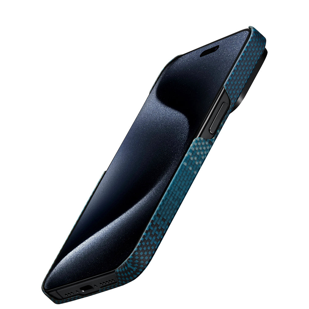 iPhone 15 Pro Kılıf Magsafe Şarj Özellikli Aramid Fiber Pitaka Tactile Woven Sunset-Moonrise Serisi Moonrise Kılıf Mavi