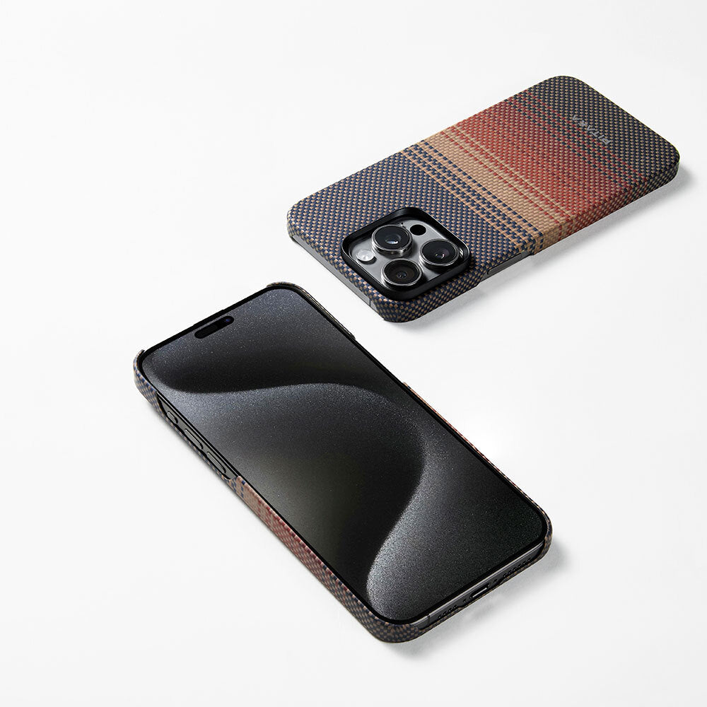 iPhone 15 Pro Kılıf Magsafe Şarj Özellikli Aramid Fiber Pitaka Tactile Woven Sunset-Moonrise Serisi Sunset Kılıf Kahverengi