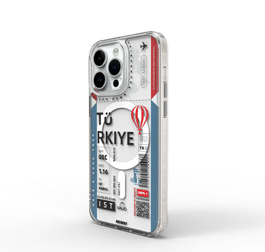 iPhone 15 Pro Kılıf Magsafe Şarj Özellikli Bilet Desenli Wiwu Turkey B Serisi Kılıf Mavi