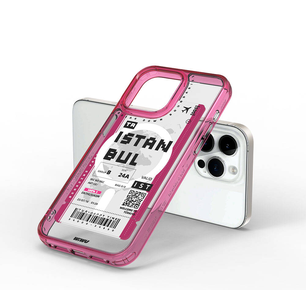 iPhone 15 Pro Kılıf Magsafe Şarj Özellikli Bilet Desenli Wiwu Turkey B Serisi Kılıf Mavi