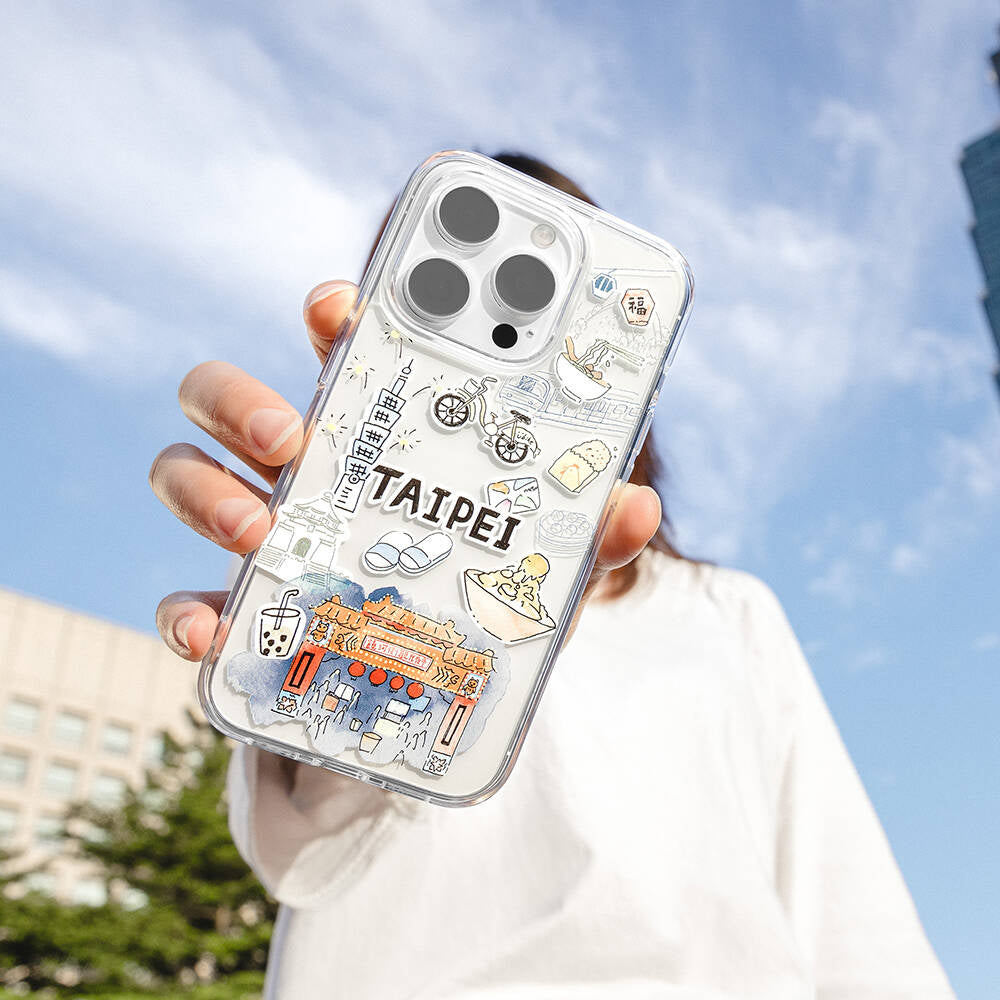 iPhone 15 Pro Kılıf Magsafe Şarj Özellikli Çizim Desenli Şok Önleyicili Şeffaf Lisanslı Switcheasy City-M Taipei Kılıf Renksiz