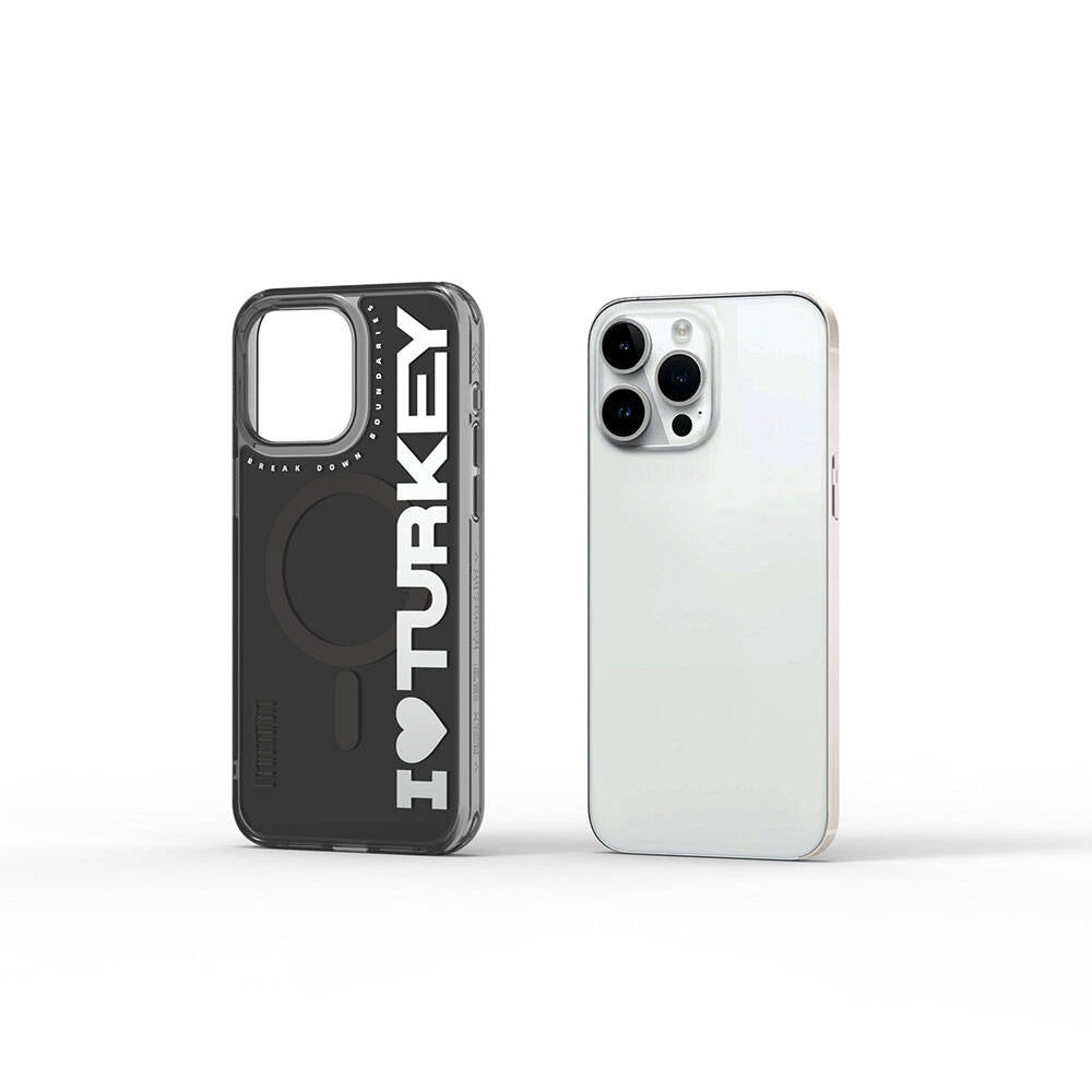 iPhone 15 Pro Kılıf Magsafe Şarj Özellikli I Love Turkey Yazı Desenli Wiwu Turkey E Serisi Kılıf Siyah