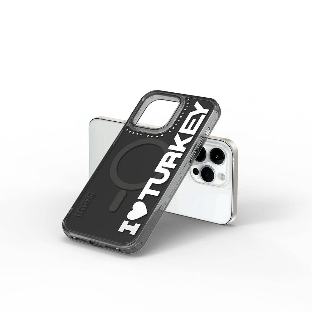 iPhone 15 Pro Kılıf Magsafe Şarj Özellikli I Love Turkey Yazı Desenli Wiwu Turkey E Serisi Kılıf Turuncu