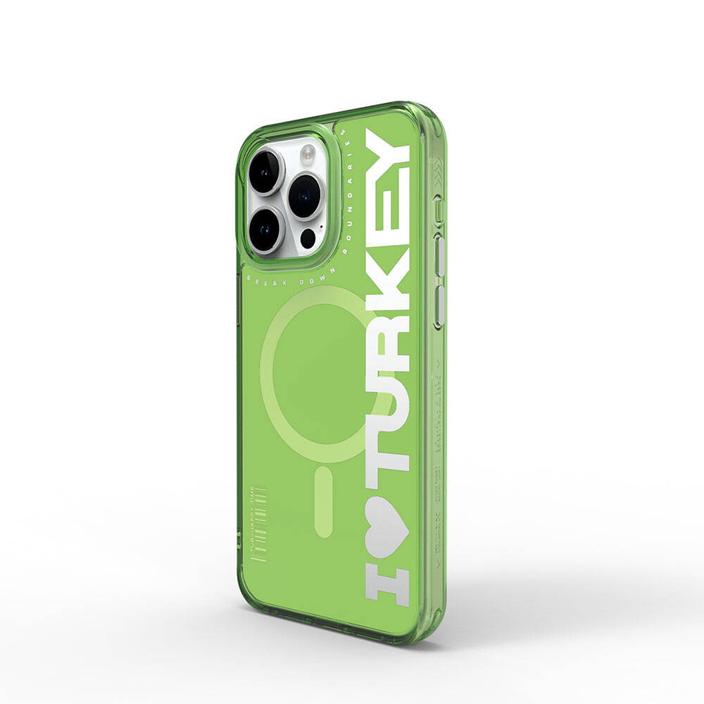 iPhone 15 Pro Kılıf Magsafe Şarj Özellikli I Love Turkey Yazı Desenli Wiwu Turkey E Serisi Kılıf Turuncu