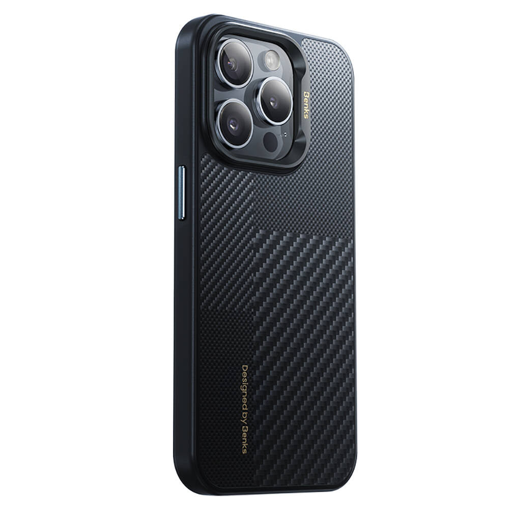 Apple iPhone 15 Pro Kılıf M-safe Şarj Özellikli Karbon Fiber Benks Montage Hybrid ArmorPro Kevlar Kapak