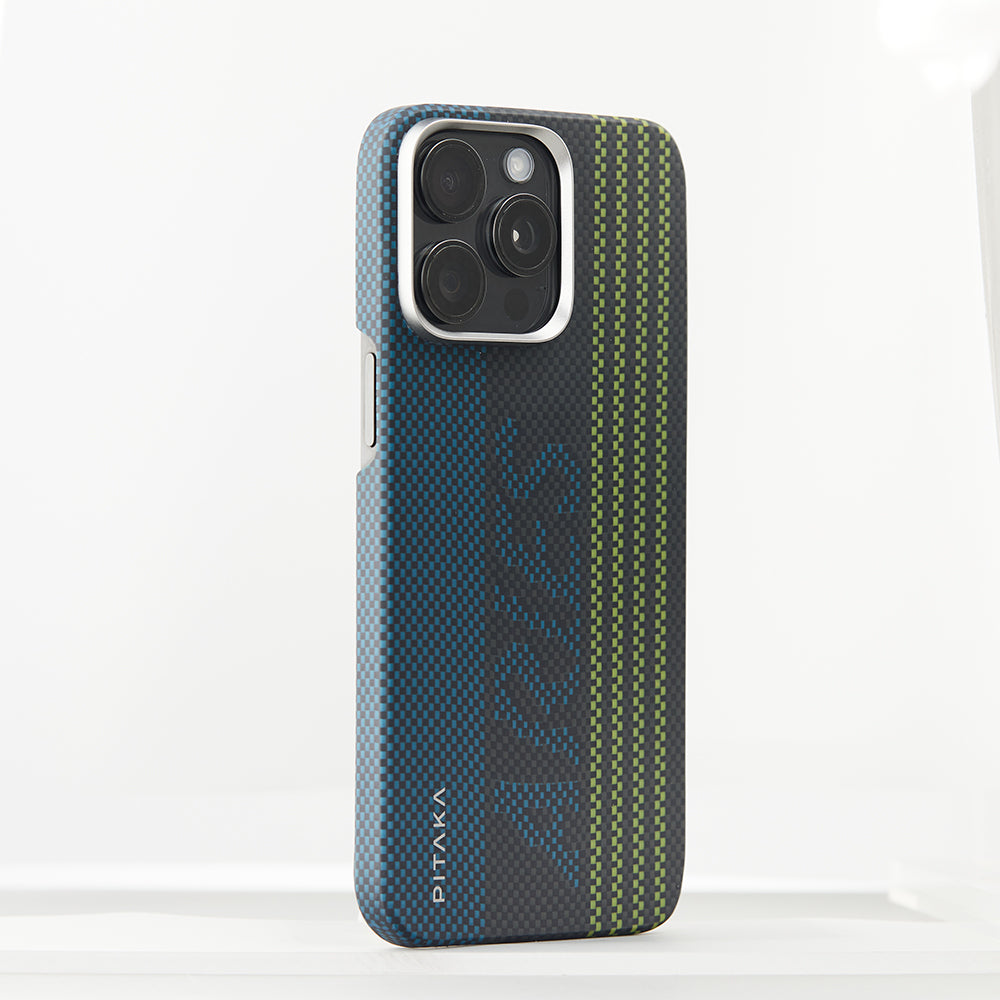 iPhone 15 Pro Kılıf Magsafe Şarj Özellikli Lumintex Teknolojili Fosforlu Aramid Fiber Pitaka Tactile Woven Aries Serisi Kılıf Siyah-Yeşil