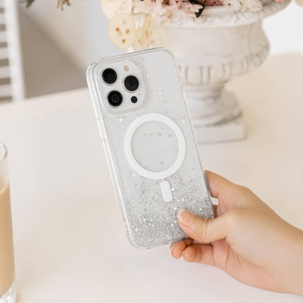 iPhone 15 Pro Kılıf Magsafe Şarj Özellikli Parlayan Simli Şeffaf Lisanslı Switcheasy Starfield-M Kılıf Mavi