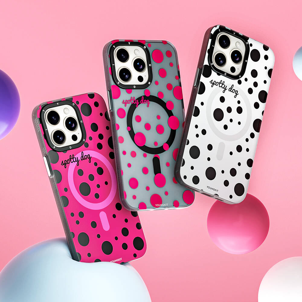 iPhone 15 Pro Kılıf Magsafe Şarj Özellikli Polka Dot Desenli Youngkit Spots Serisi Kılıf Beyaz