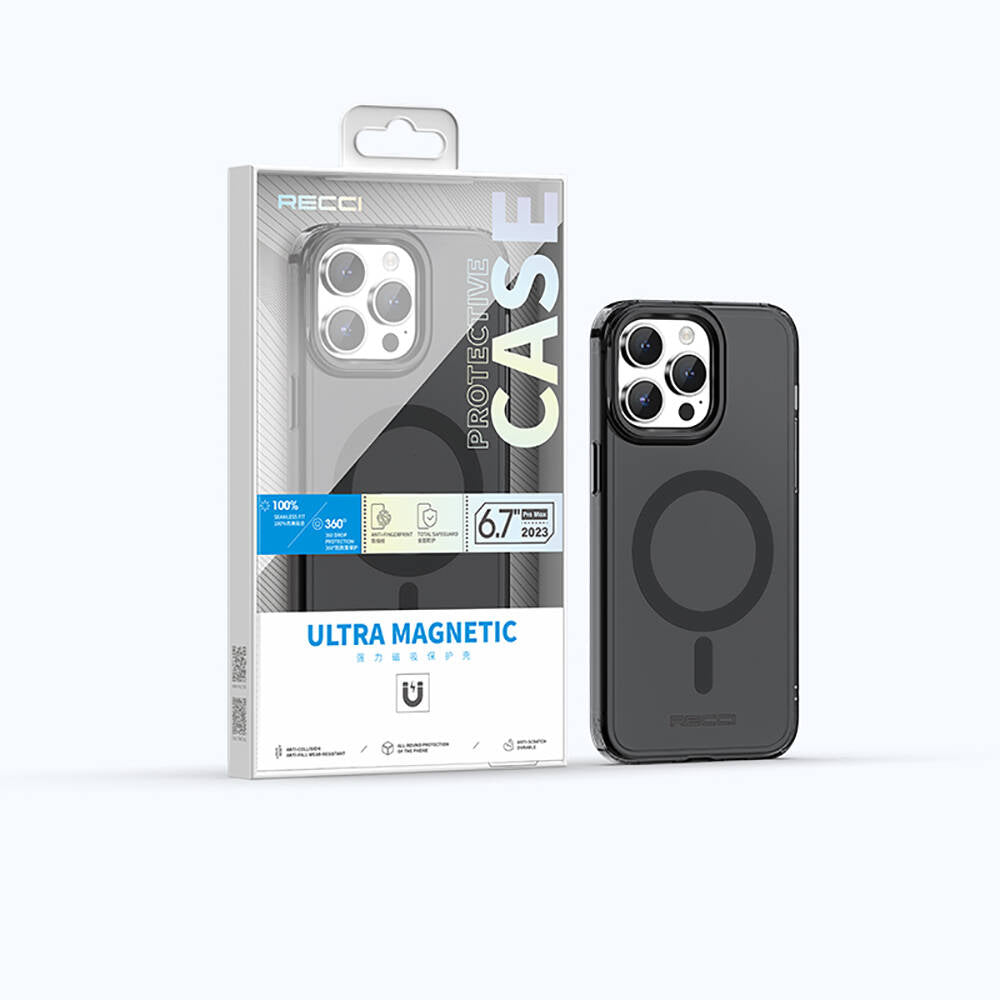 iPhone 15 Pro Kılıf Magsafe Şarj Özellikli Saydam Arka Yüzey Recci Crystal Color Serisi Kılıf Siyah