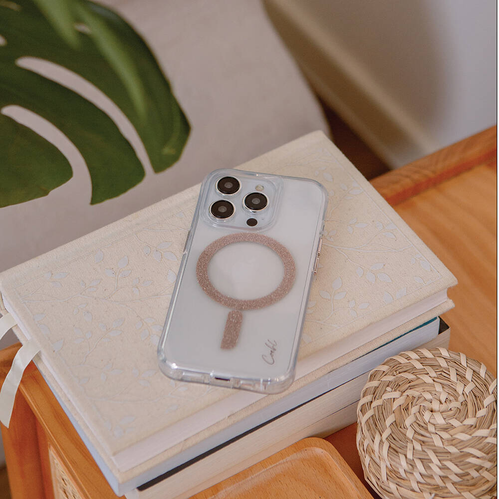 iPhone 15 Pro Kılıf Magsafe Şarj Özellikli Simli Magnetik Coehl Glace Kılıf Rose Gold