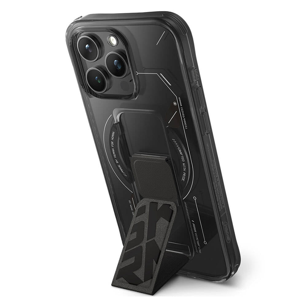 iPhone 15 Pro Kılıf Magsafe Şarj Özellikli Teknoloji Desenli Standlı Skinarma Helio Kılıf Gri