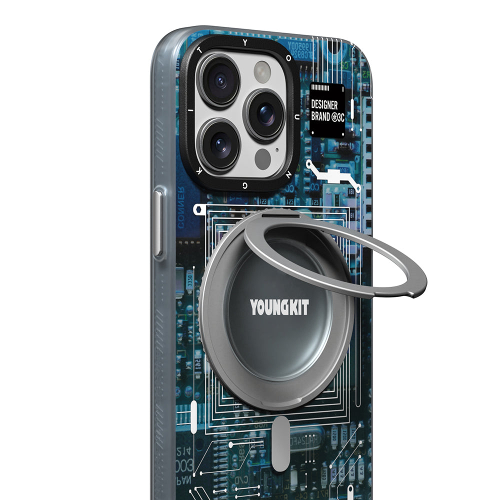 iPhone 15 Pro Kılıf Magsafe Şarj Özellikli Youngkit 360° Standlı Technology Serisi Kılıf Mavi