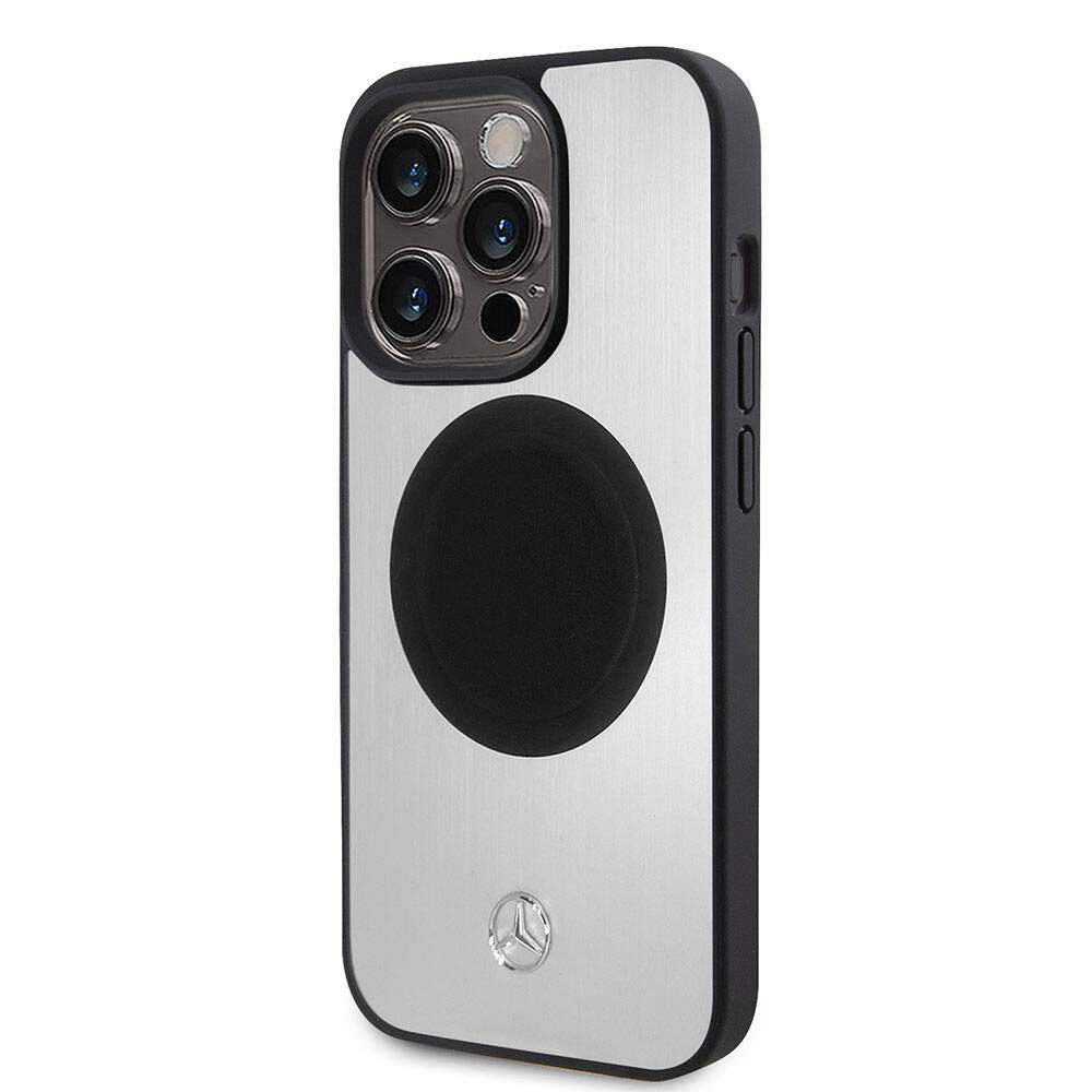 iPhone 15 Pro Kılıf Mercedes Benz Orjinal Lisanslı Magsafe Şarj Özellikli Alüminyum Arka Yüzey Metal Yıldız Logolu Kılıf Gümüş